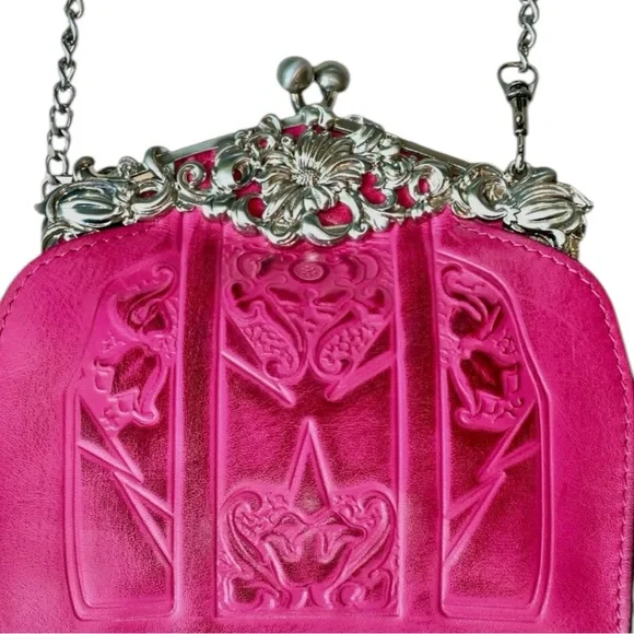 Patricia Nash Burnished Tooled Rosaria Frame Clutch Shoulder Bag Crossbody Pink - Picture 8 of 12
